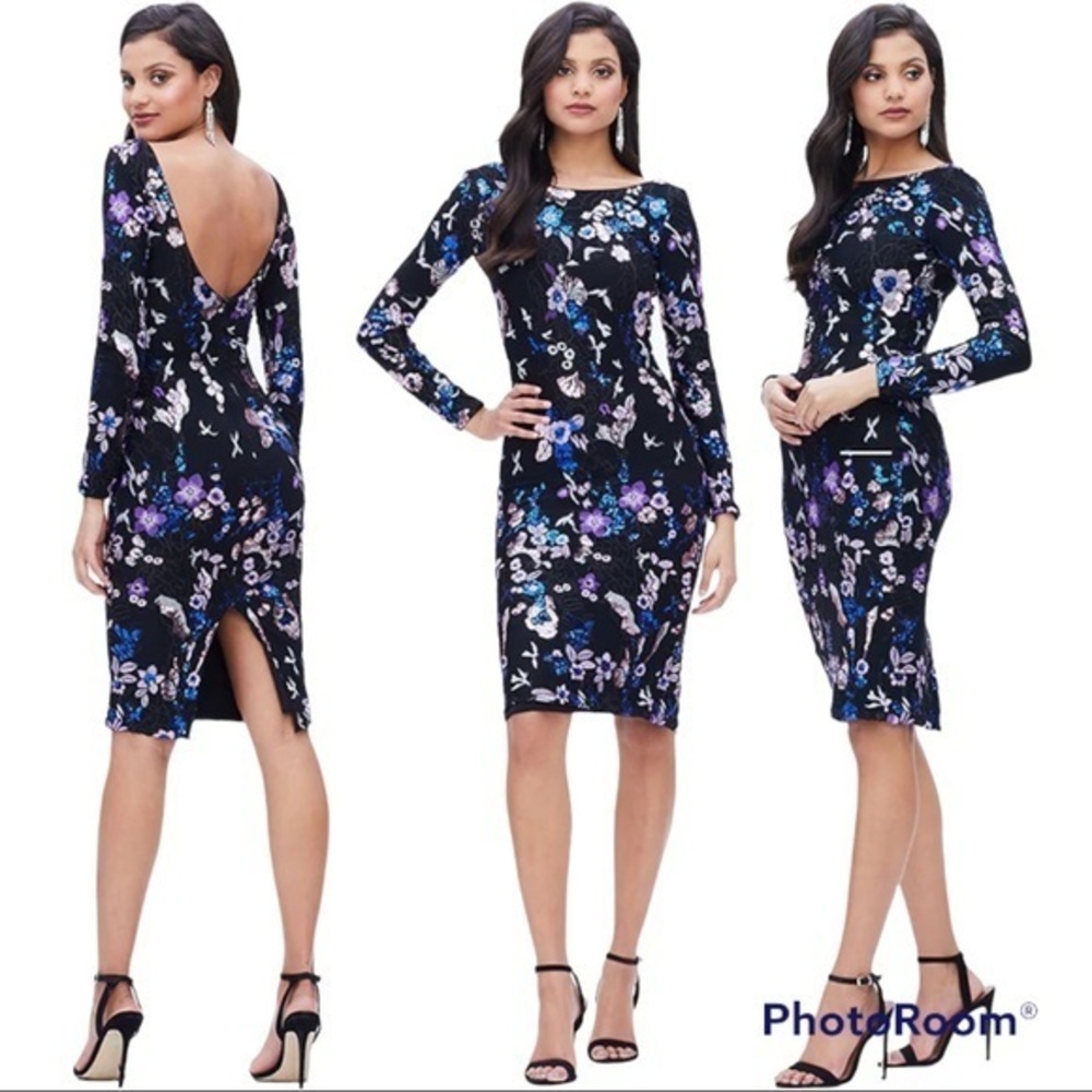 DRESS THE POPULATION EMERY Sequin Embroidered Lavender Long Sleeve Midi …